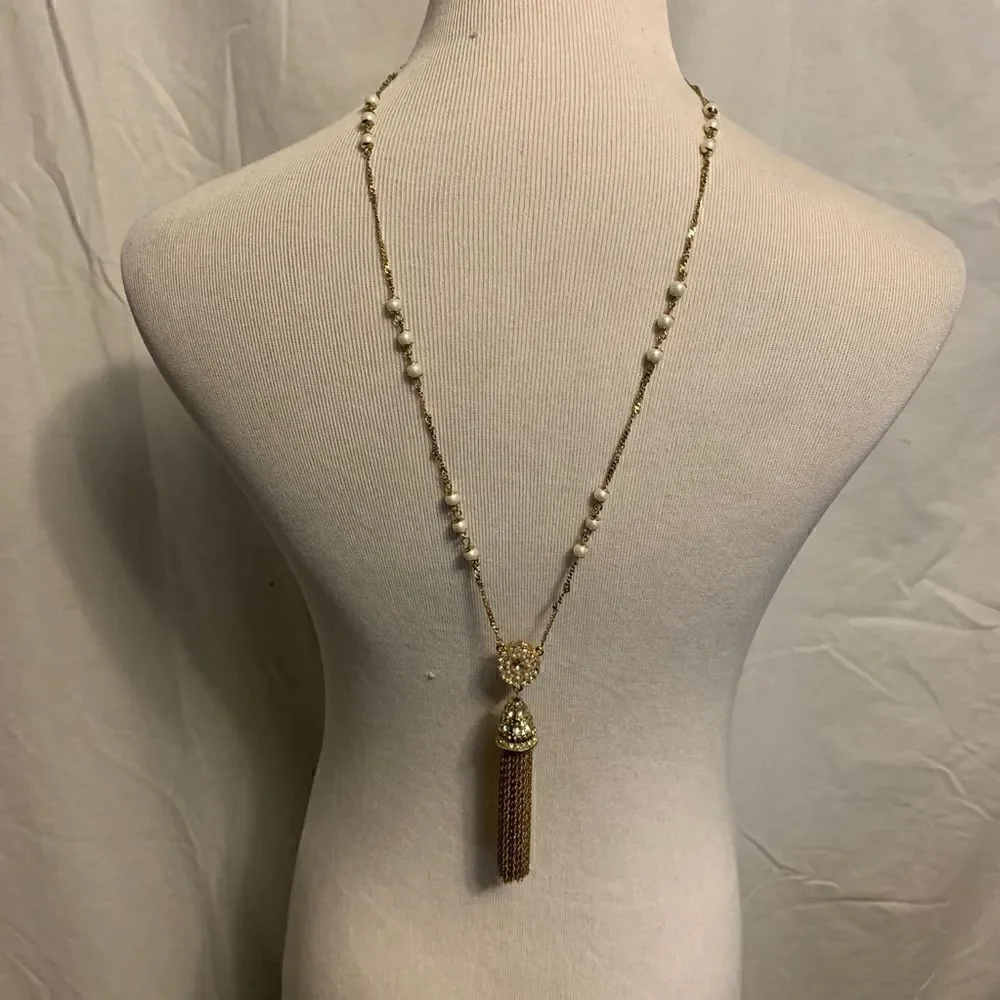 Gold and Pearl Long Tassel Necklace